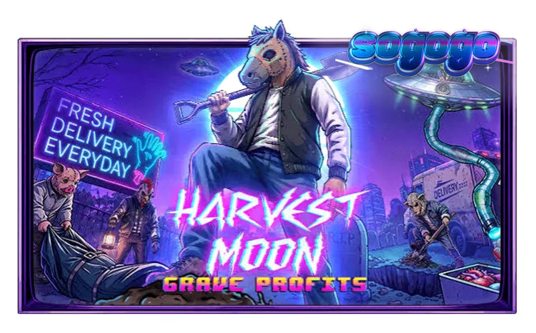 Tampilan visual slot Harvest Moon Grave Profits dengan tema konspirasi gelap